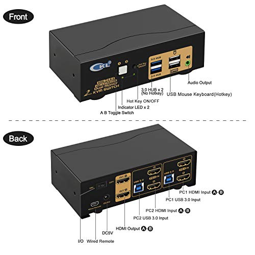 Image of CKL USB 3.0 HDMI KVM Switch Dual Monitor 2 Port Extended Display 4K 60Hz with Cables and Audio 922HUA-3
