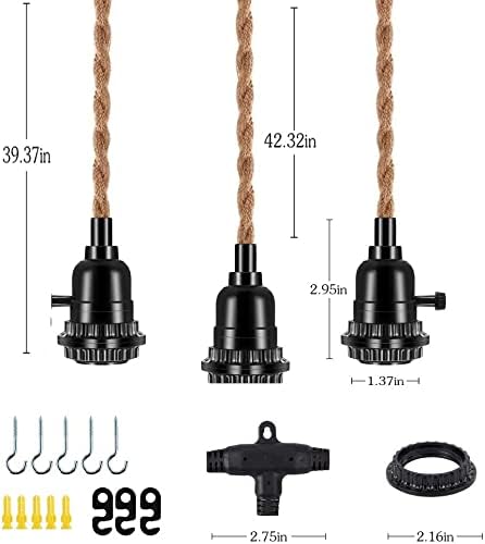 FRIDEKO HOME Pendelleuchte mit Stecker,3 Flammige Lampenfassung E27 mit Kabel,Vintage Lampenkabel mit Schalter mit 8,8M Hanfseil Plug,DIY Hängelampe für Esszimmer Schlafzimmer - Ohne Glühbirne