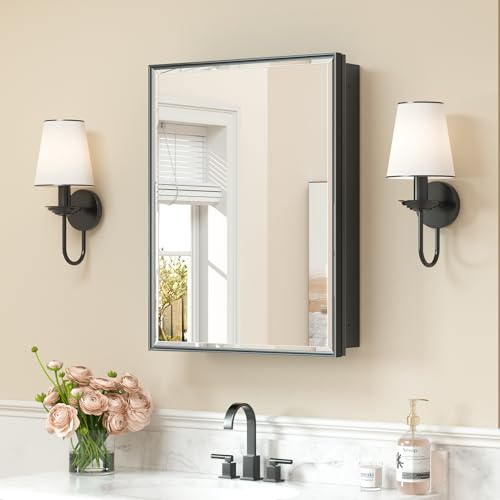 Image of Keonjinn 20 inch x 26 inch Black Medicine Cabinet with Mirror, Adjustable Shelves