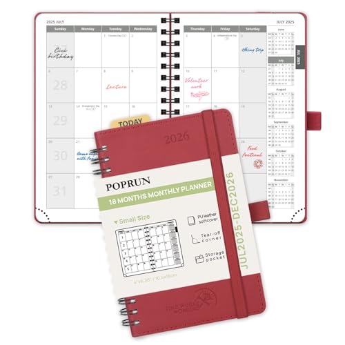 POPRUN 18 Month Planner (Jul'25 - Dec'26) 2025-2026 A6 (16x10.5cm) Pocket Month to View only Spiral Softcover 25/26 Monthly Planner,Sunday Start (Burgundy)