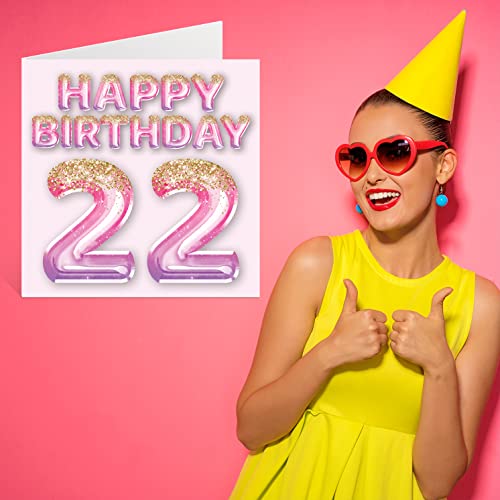 22Nd Birthday Card For Women - Pink & Purple Glitter Balloons - Happy Birthday Cards For 22 Year Old Woman Daughter Sister Auntie Cousin, 5.7 X 5.7 Inch Twenty-Two Twenty-Second Greeting Cards Gift #TOP6