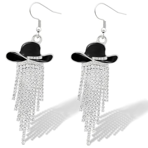 RechicGu Western Cowgirl Enamel Hat Sparkly Rhinestone Tassel Dangle Earrings Prom Country Concerts Rodeo Cowboy Outfits Jewelry Gift for Women
