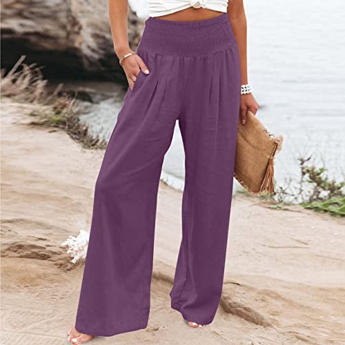 Casual Wide Leg Pants Women Summer Comfy Cotton Linen Palazzo Slack High Waisted Baggy Sweatpant with Pocket(Plus Size)2