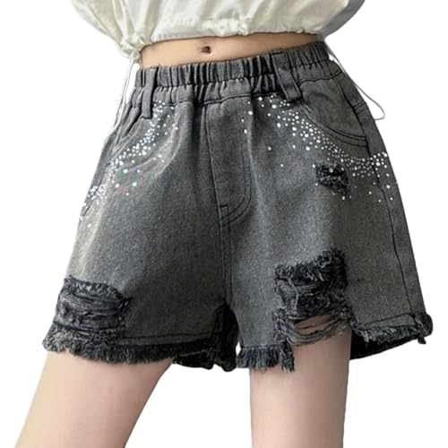 Pantalones cortos de mezclilla para niñas con borlas, cintura elástica, desgastados, rasgados, pierna ancha, pantalones cortos de mezclilla de verano de 3 a 16 años, Negro, 11-12 años