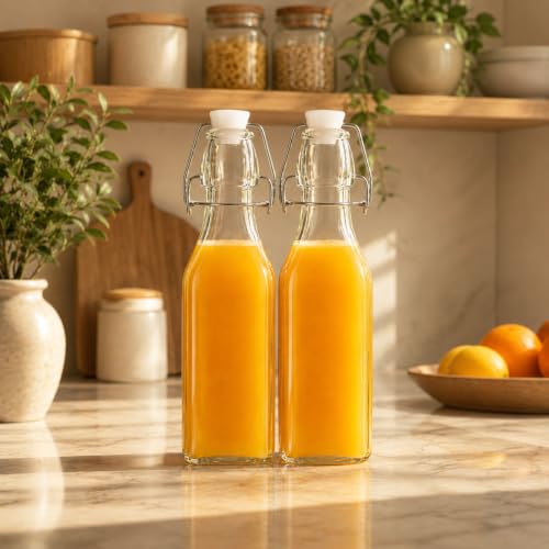 Image of Clear Glass Bottles with Airtight Swing Top Lids - Leakproof Reusable Glass Jars for Juice, Oil, Water, Milk, Kombucha, Vinegar, Beverages - Square, Pack of 2