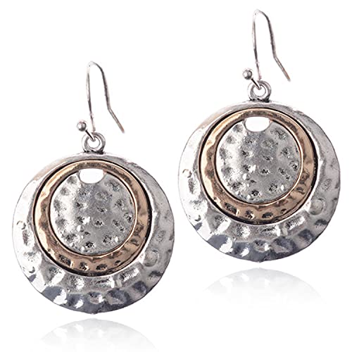 D.Rosse Handmade Ethnic Boho Retro Gold Matte Small Round Circle Dangle Drop Earrings Vintage Silver Hoop Hook Earrings for Women Girls Statement Jewelry