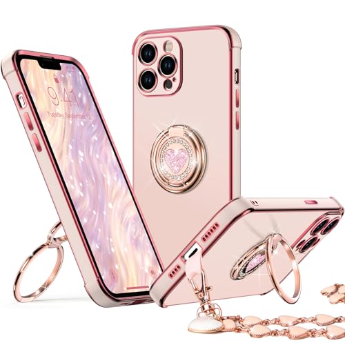 XYZ for iPhone 13 Pro Max Case with Ring, Double Ring Holder Stand Case Heart with Strap for Girls Women, Luxury Cute Bling Protective Phone Cover Case for iPhone 13 Pro Max, Pink by XYZ - Used condition - CA$11.36
