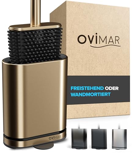 Scopino per WC Amager Ovimar | Oro | Scopino per WC in silicone con ventilazione | Acciaio inossidabile | Vassoio raccogligocce rimovibile | Solo 6 cm di larghezza