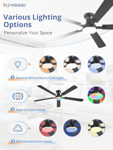 Image of ZMISHIBO 60 Inch RGB Ceiling Fan with Light, Remote&App Control,Flush Mount | Low Profile, Dimmable 20W LED Light, Quiet Reversible Motor, Strong Airflow, Easy Install for Bedroom /Living Room /Apt, Black