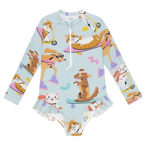 Wusikd Girls Long Sleeve Swimsuit Funny Cat Dog One Piece Bathing Suit Zipper Skateboard Swimwear Sun Protection 5-6T