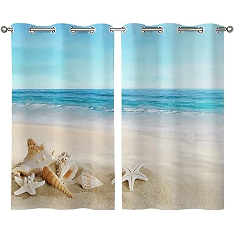 Beach Bathroom Curtains Summer Tropical Beach Starfish Seashell Kitchen Curtains Grommet Privacy Curtain Small Window Curtains for Café, Bath, Laundry, Living Room Bedroom 26 x 39 Inch, 2 Panels Cover