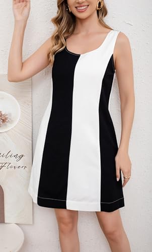 Image of CHARTOU Women Summer Sleeveless Linen Dress Color Block Short Beach Vacation Tank Dress