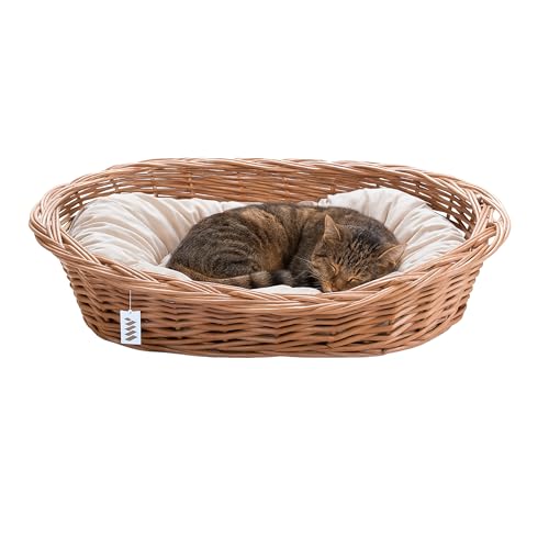 Wiklinowy Świat - Katzenbett Weidenkorb Hundebett, Weidenbett für Haustiere - Natürlich warm, atmungsaktiv und stilvoll - Verschiedene Größen 66x47x15cm - helles cremefarbenes Kissen