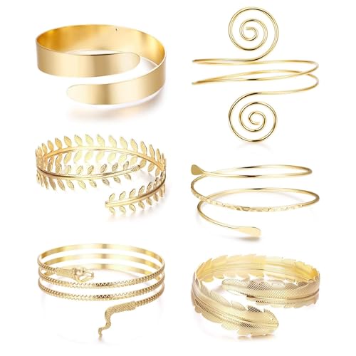 JeweBella 5-6 Stücke Oberarm Manschette Armreif Gold Oberarmreif für Damen Armreif Armband Set Open Verstellbar Armband Boho Oberarm Schmuck Griechische Göttin Schmuck Set