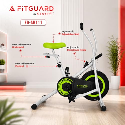 Image of FITGUARD FG-AB 111 By STAYFIT Dual Action Air Bike /Exercise Bike for Home |Gym Cycle for Workout With Adjustable Cushioned Seat | Non-Slip Pedals | Moving Handles Black Gym Bike, Max user weight 120 KG (Green)
