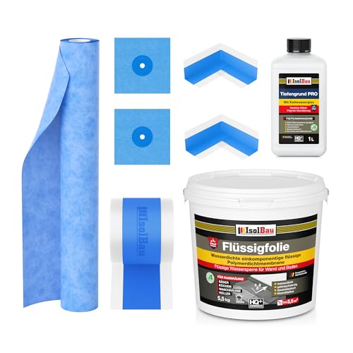 Isolbau Dicht-Set - Inkl. 1x Flüssigfolie (5 5 kg) 1x Tiefengrund PRO (1 L) 1x Dichtband (5 m) 1x Dichtbahn (1 m) 2x Innenecken & 2x Manschetten