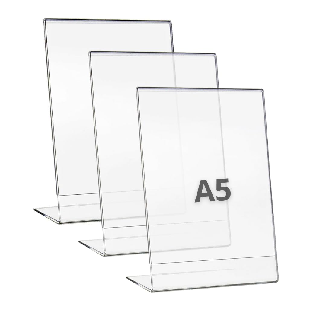 Expositor metacrilato transparente a5, pack 3 unidades, soporte sobremesa para carteles A5, porta menú, porta precios, porta fotos, porta anuncios, display acrílico, expositor vertical A5