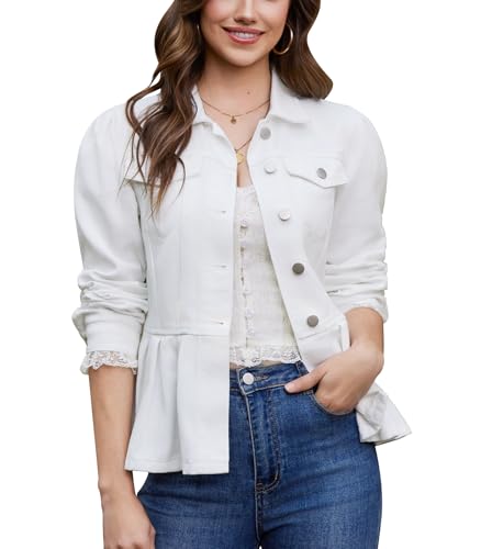 MISS MOLY Women's Denim Jacket Puff Sleeve Button Down Ruffle Hem Jean Jacket Coat White XL