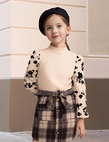 Image of Toddler Girl Clothes Girls Outfits Flare-lace Sleeve Top and Plaid Skirt Dress Fall Winter 2Pcs Girls Clothes 5-12T