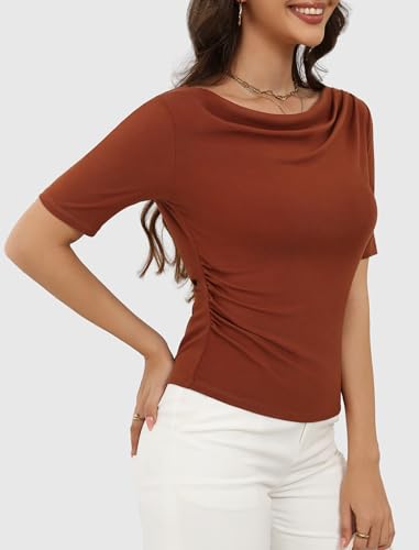 Women's Cowl Neck Half Sleeve Top Flowy Lyocell Summer Casual Tunic Tops Slim Fit Dressy T-Shirts3