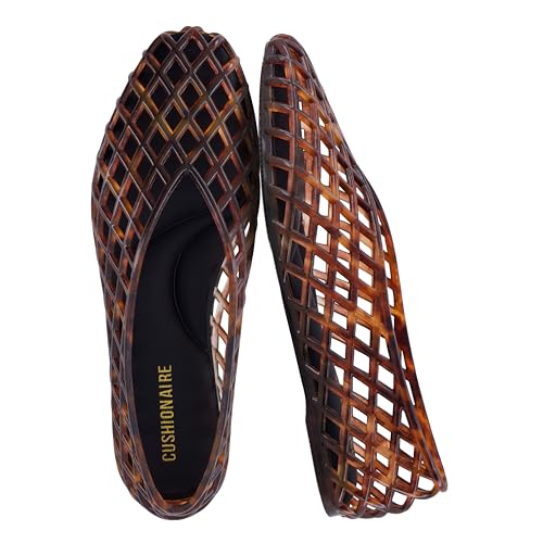 CUSHIONAIRE Siesta Modern Lattice Ballet Flats for Women, Comfortable Slip On Pointed Toe Womens Jelly Shoes, TORTOISE 7