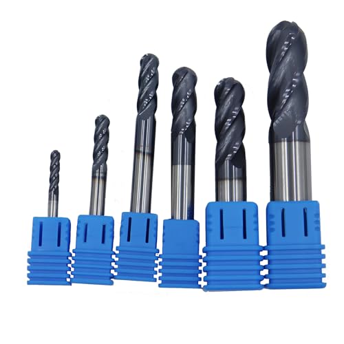 Image of 6Pcs1 /8in,3 /16in,1 /4in, 5 /16in,3 /8in,1 /2in Solid Carbide Ball Nose End Mills Set,4 Flute,30 Degree Helix,AlTiN Coated CNC Router Bit for Medium Hardness Steel, Brass, Iron
