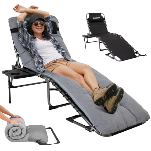FUNDANGO Folding Chaise Lounge Chair with Soft Pad & Side Table for Outside, Patio, Beach, Sunbathing, Adjustable 5 Position Portable Camping Reclining Chair with Pillow