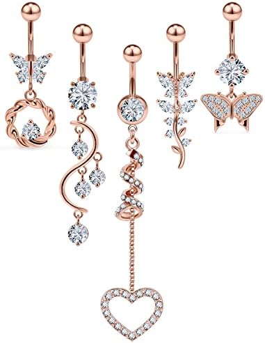kwoencxi Belly Button Ring for Women 14G Stainless Surgical Steel Long Dangle Curved Hypoallergenic Navel Barbells Bar Body Piercing Jewelry Rose Gold 10mm CZ Diamond Gem NDYB-000020
