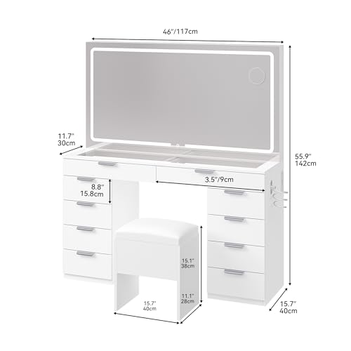 YITAHOME Vanity Set, Makeup Vanity Desk with Adjustable LED Mirror, Power Outlets, 10 Drawers, Magnifying Glass, Tempered Glass Top, Hairdryer Holder, Stool for Bathroom, Makeup Room