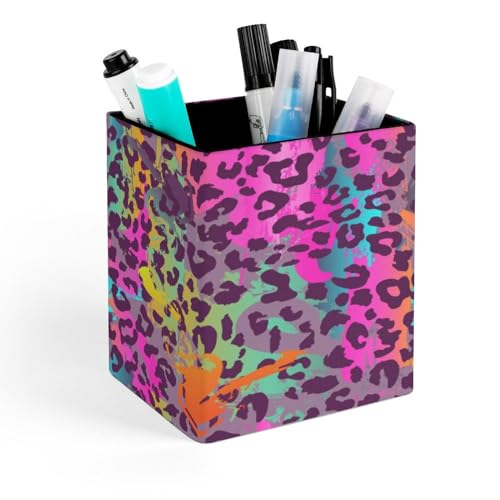 Quteprint Soporte cuadrado para lápices, soporte para bolígrafos con estampado de leopardo de animales arcoíris para escritorio, organizador de bolígrafos de oficina, accesorios de escritorio, soporte