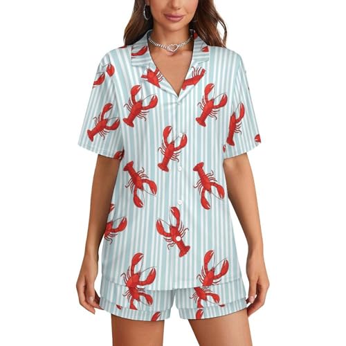 Image of Women Pajamas Shorts Sets Wild West Rodeo Cowboys PJs 2 Piece Button Down Shirt Lounge Pants Set