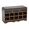Household essentials entryway storage bench with 3 dark grey drawers 10 shoe compartments and cushioned seat in mid century walnut wood grain  urban country home decor