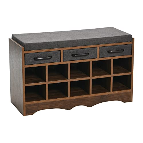 Household Essentials Entryway Storage Bench with 3 Dark Grey Drawers 10 Shoe Compartments and Cushioned Seat in Mid Century Walnut Wood Grain