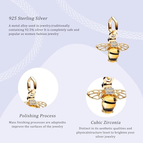 Simphman 925 Sterling Silber Charm Anhänger für Europäischen Armbänder und Halsketten Golden Sparkling Bee Dangle Charm Armband Charm Geburtstag Schmuck Geschenk für Damen Frauen