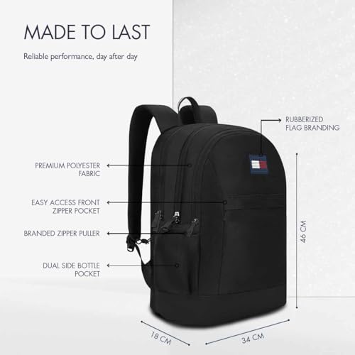 Image of Tommy Hilfiger Professional School Backpack Stud - Black | Durable Water-Resistant Bag for Teens with Signature Metal Logo | 3 Compartments | Soft File Sleeve & Integrated Rain Cover | 30L Capacity