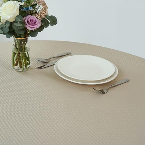 Image of maxmill Round Weaved Texture Design Tablecloth Spill-Proof Wrinkle Free Soft Washable Table Cloth for Circular Table Cover, for Dining Room Buffet Banquet Parties Holiday Dinner, 70 Inch Natural
