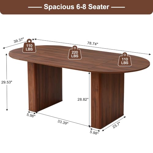 Image of weselon 78.7 inch Oval Dining Table for 6-8 People, Large Kitchen Dining Table with Fluted Pedestal Base, Modern Minimalist Dining Room Table with 3-Piece Tabletop, Walnut (Chairs Not Included)