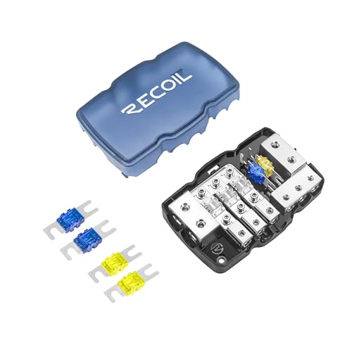 Recoil MPG3 3-Way Mini-ANL Fused Distribution Block with Ground Block, Each Positive and Negative Block with Two 0/2/4 Gauge Inputs & Three 4/8 Gauge Outputs, Fused Distribution Block with 9pcs Fuses