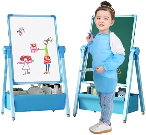 Kids Art Easel With 29.5inch-44inch Height Adjustable Whiteboard Chalkboard Double Sided Easel 360 Rotating Standing Art Easel For Kids Blue