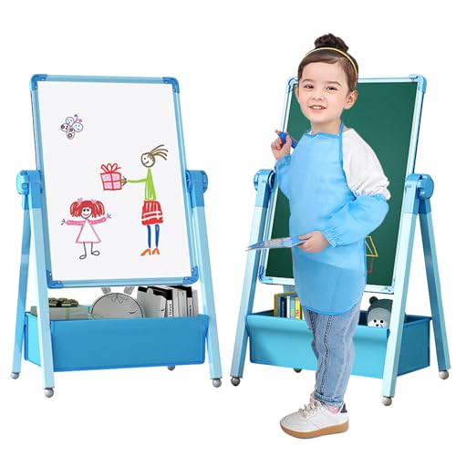 Art Easel for Kids, Double Sided Kids Easel Drawing Board, Whiteboard & Blackboard, 360°Rotating Adjustable (Blue)