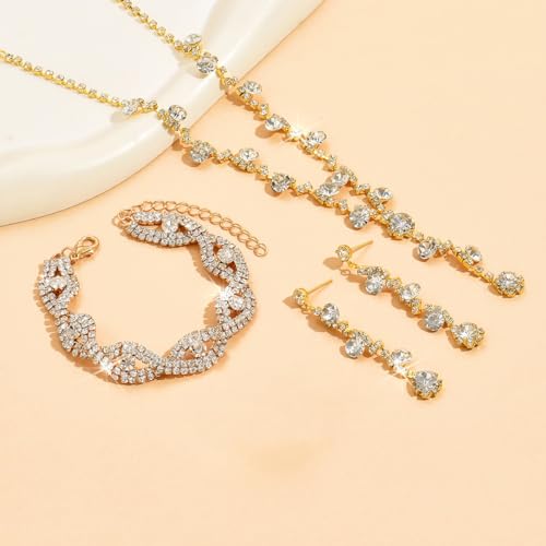 5 Pcs Purse Rhinestone Jewelry Set, RhinestoneClutch Purse Bride Prom Evening Rhinestone Jewelry Set Bling Necklace Earrings Bracelets Set for Wedding, Gold/Silver3