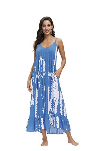 Image of BUENOS NINOS Women's V Neck Floral Maxi Dress Boho Printed Adjustable Spaghetti Strap Ethnic Beach Long Dress with Pockets