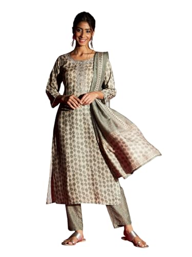 Image of Naixa Women's Pure Muslin Printed and Embroidered Straight Kurta with Pant and Dupatta Set (R-Taniya)
