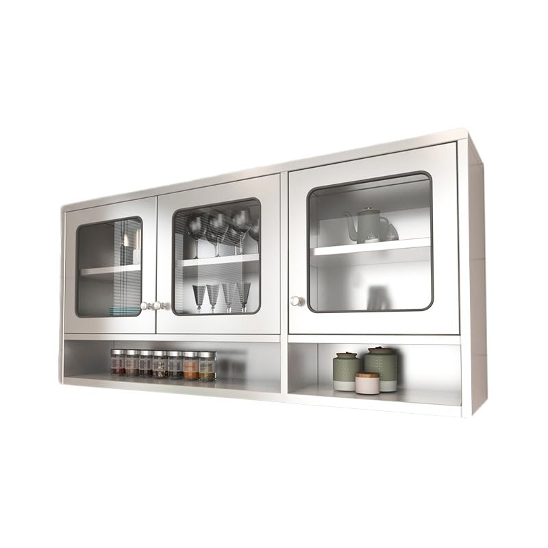 Moderno armario de pared de acero inoxidable con doble puerta, estantes ajustables para cocina, baño, sala de estar, solución de almacenamiento montada en la pared, elegante acabado plateado, 150 x 30