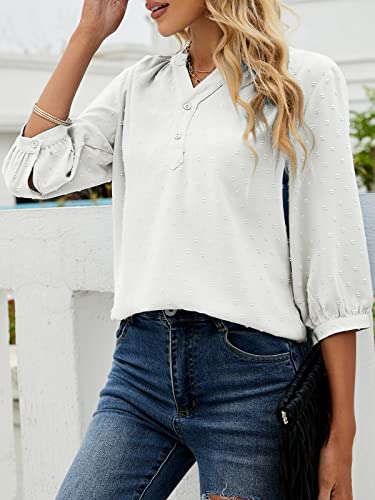 Womens Summer V Neck 3/4 Sleeve Blouses Swiss Dot Tunic Tops Casual Button Shirts White #TOP2