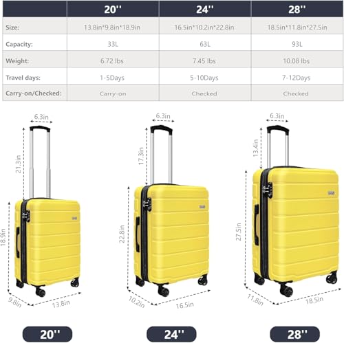 Image of KEYTANG 3-Piece Hardshell Luggage Set(20 /24 /28), Lightweight Expandable Suitcase with TSA Lock and Double Spinner Wheels, 20% Expansion for Extra Packing, Carry-On and Checked Bags, Yellow