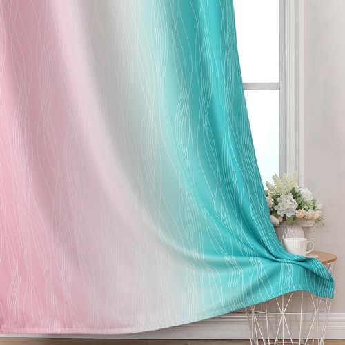 Estelar Textiler Pink and Teal Blackout Curtains 45 Inch Length, Full Light Blocking Gradient Drapes for Kitchen, Thermal Insulated Grommet Ombre Curtains for Bathroom, 52Wx45L, 2 Panels