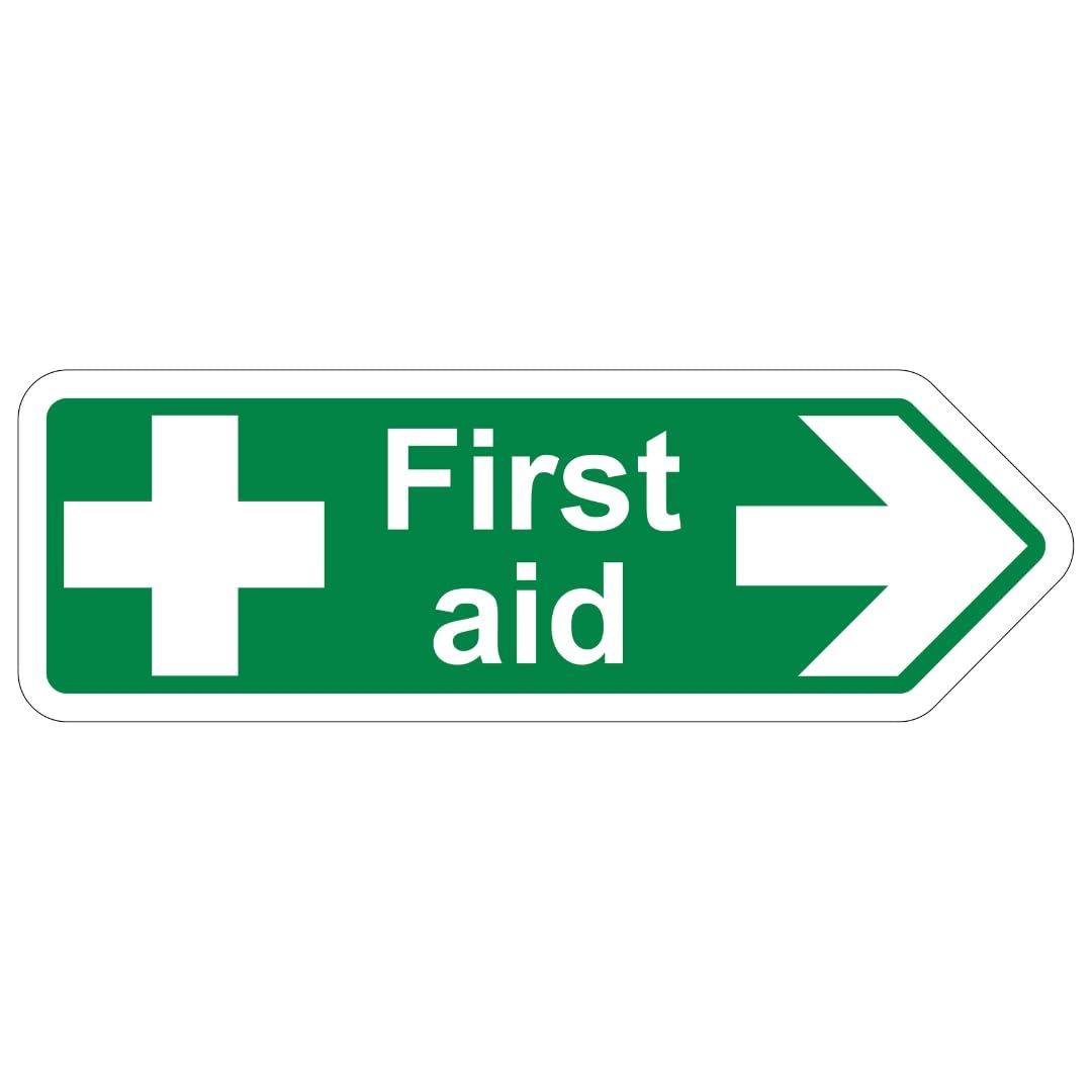 V Safety First Aid Arrow Right - Shaped Sign 450 x 150 mm - 2mm Super-Tough Rigid Plastic Safety Sign