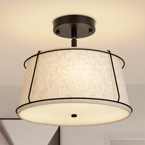 13'' Semi Flush Mount Ceiling Light Fixture,3-Light Black Light Fixtures Ceiling Mount with Linen Drum Fabric Shade,Modern Close to Ceiling Lamp for Bedroom Dining Room Kitchen Hallway (Adjustable)