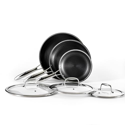 HexClad Hybrid Nonstick 6-Piece Fry Pan Set, 8, 10, and 12-Inch Frying Pans with Tempered Glass Lids, Stay-Cool Handles, Dishwasher-Friendly, Induction Ready, Compatible with All Cooktops